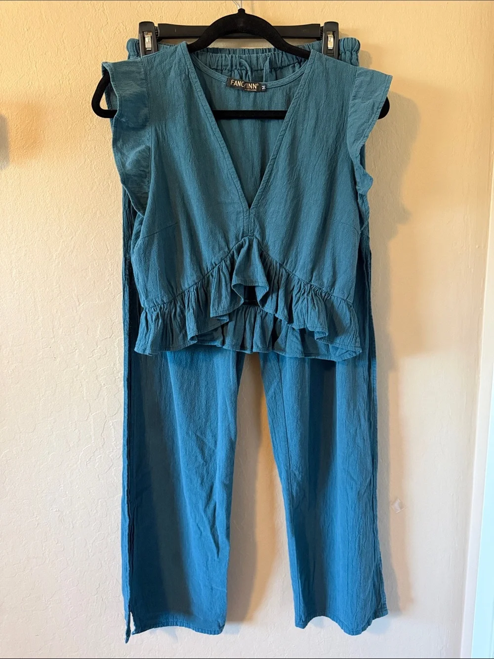 FANCYINN Teal 2 Piece Crop Top Wide Leg Side Slit Pants Set Medium